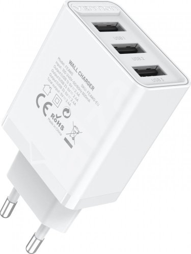 Vention 3-port USB Wall Charger (12 W/12 W/12 W) White